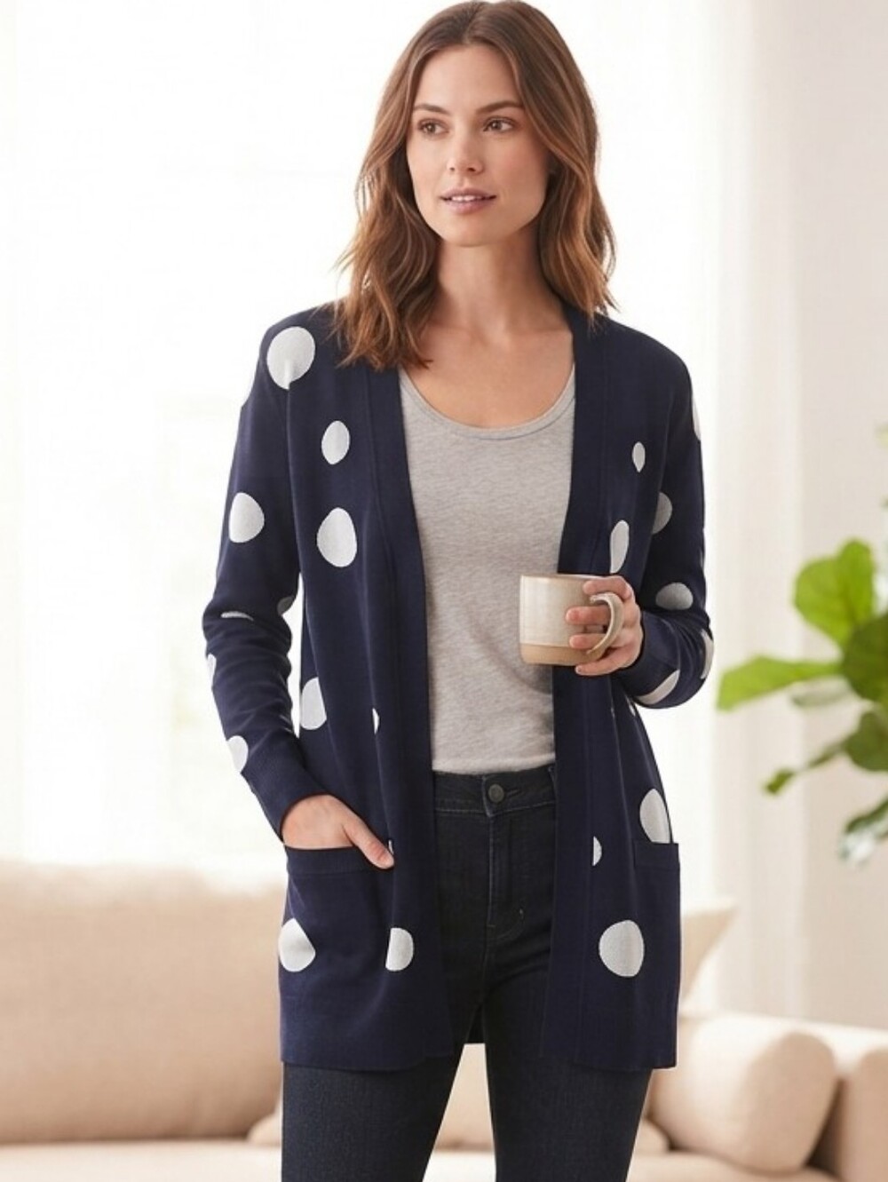 Premise Navy Blue & White Polka Dot Open-Front Cardigan NWOT Medium